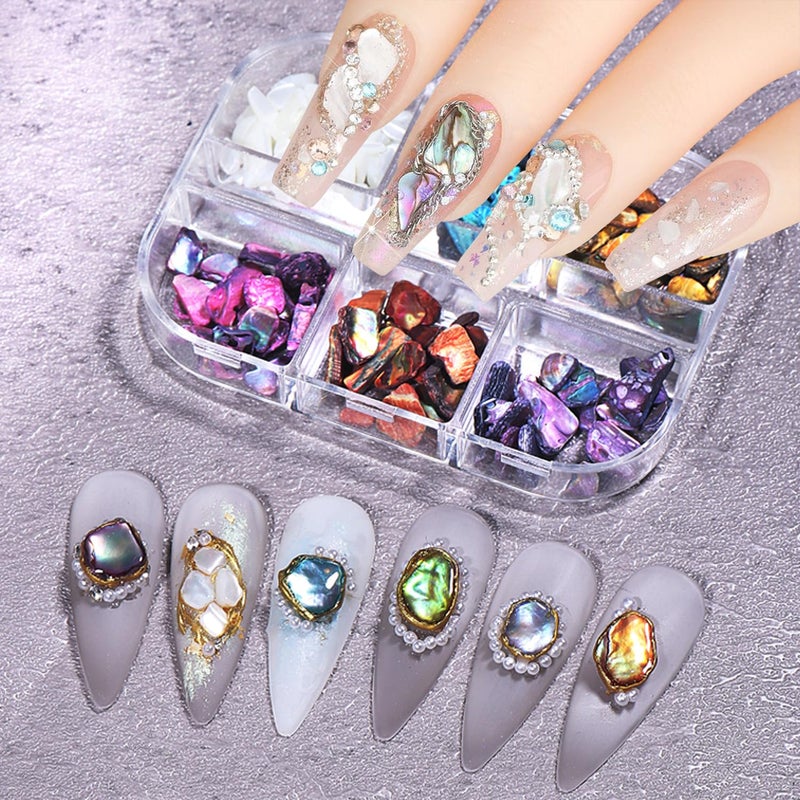 BSBTBZ 6Grids Colorful Abalone Seashell Stone Nail Art Charms 3D Irregular Shell Stone Nail Charms for Acrylic Nails Abalone Shell Texture Design Nail Art Jewelry for Women DIY Manicure Crafts Decor Supplies - Image 3